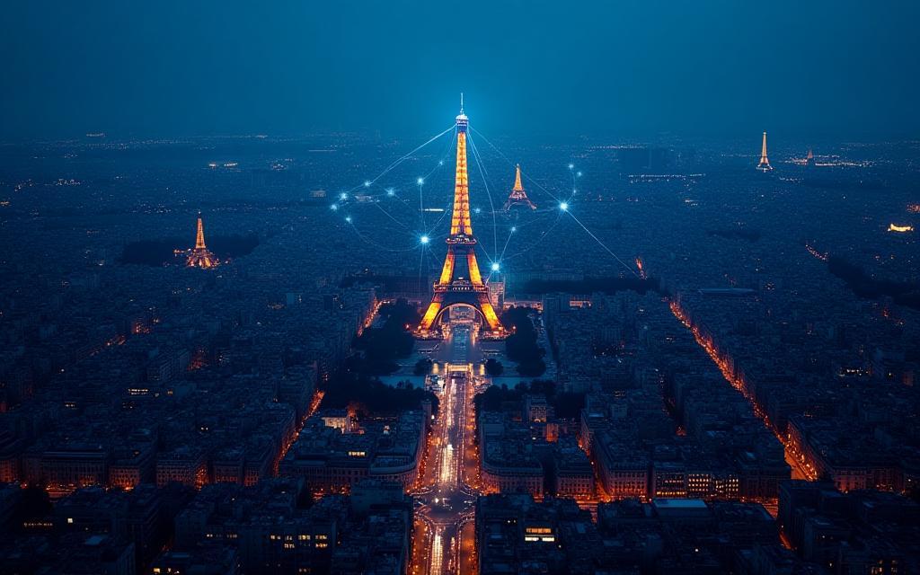Vue aérienne nocturne de Paris illustrant la connectivité numérique
